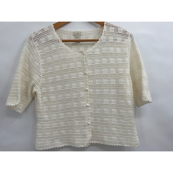 J. Jill Sweaters - J. Jill Crochet Knit Cardigan Top XL Off White Ivory Short‎ Sleeve Button Front